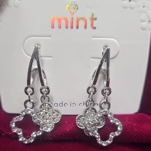 Mint Silver Rhinestone Accent Clover Drop Flower Earrings- New‎